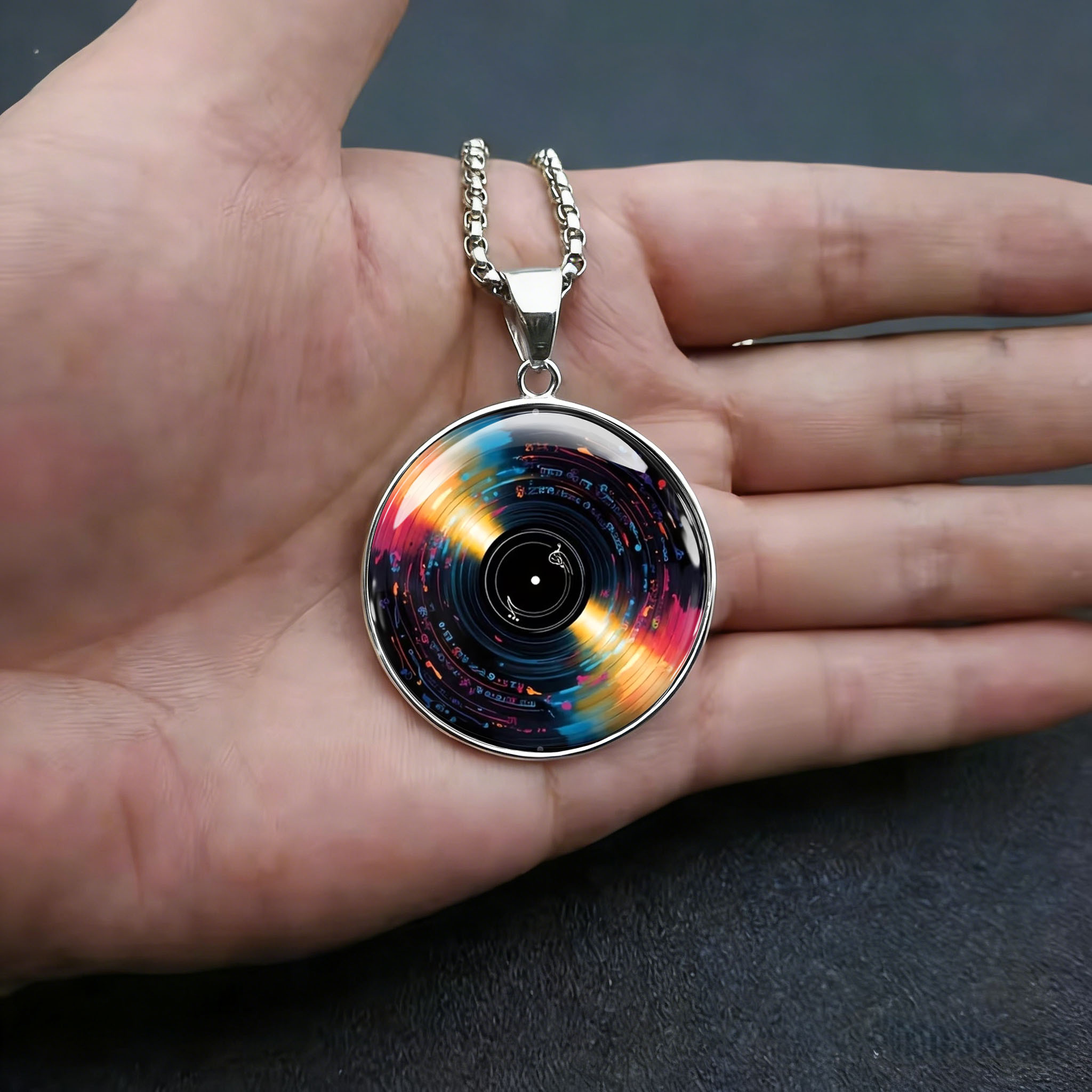Colorful Vinyl Record Pattern Stainless Steel Necklace